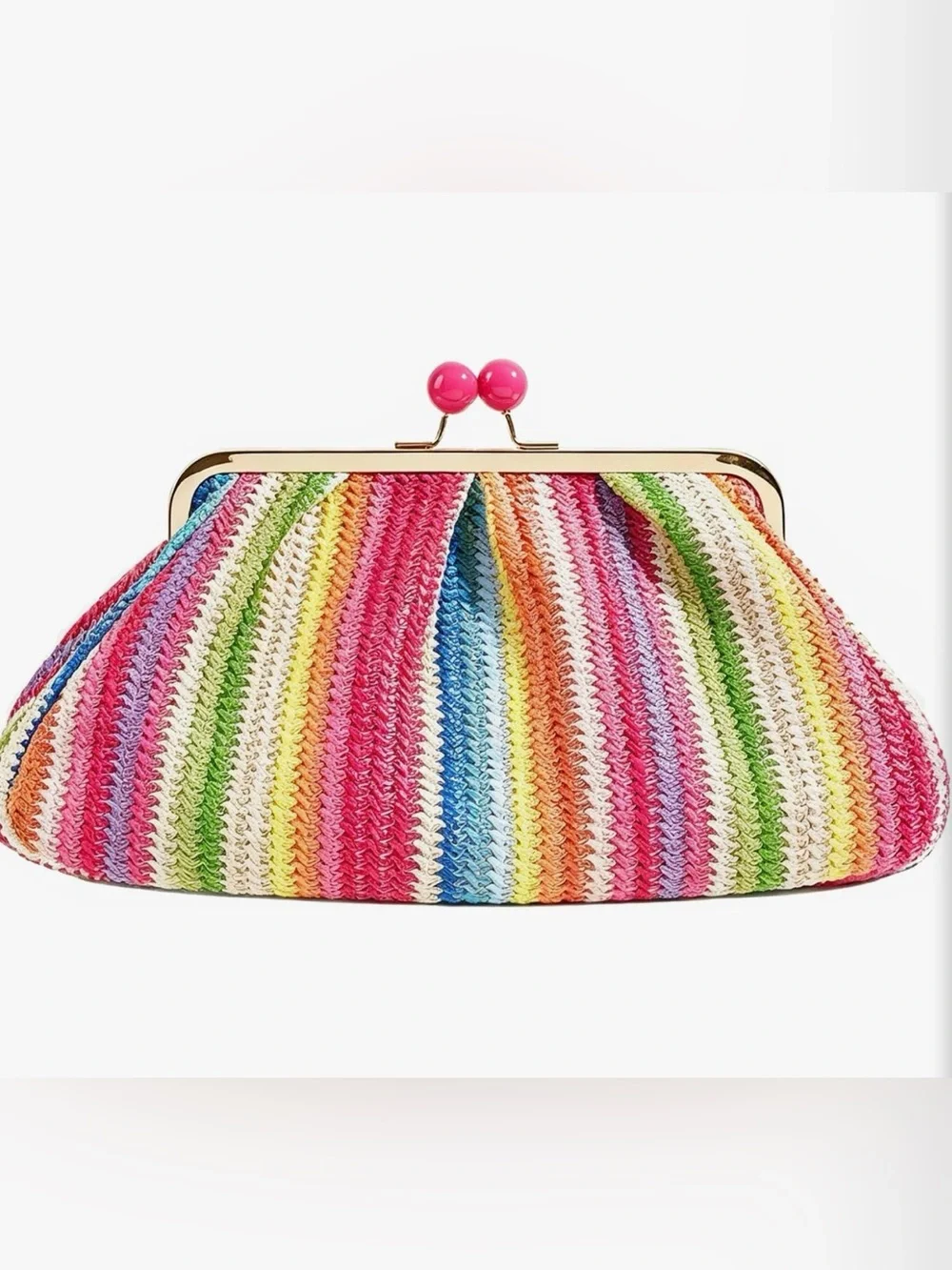 Striped Rainbow Knit Clutch with Pink Kiss-Lock